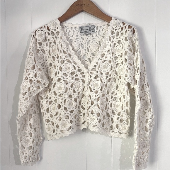 Reference Point Beige Crochet Cropped Cardigan Pearls Details Size S - Picture 1 of 14
